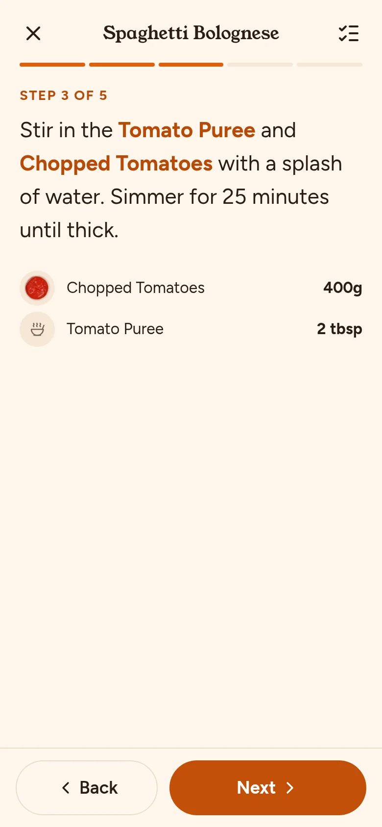 Cook mode on a phone: step 3 of 5 for Spaghetti Bolognese, with the chopped tomatoes and tomato purée it needs.