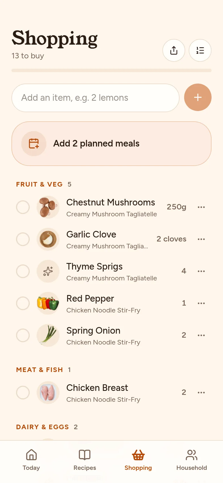 The shopping list on a phone, shared with the household, grouped under Fruit & veg with the dinner each item is for.