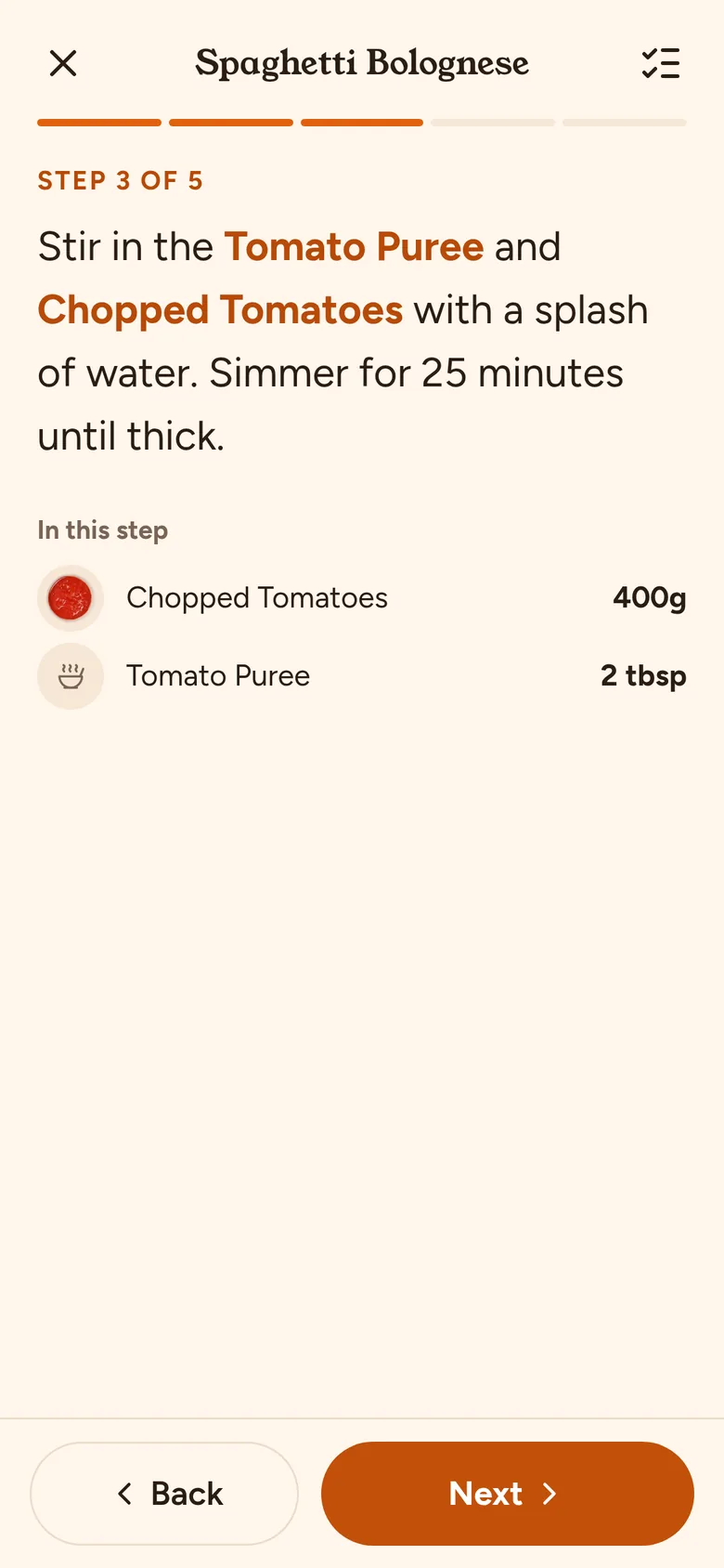 Cook mode on a phone: step 3 of 5 for Spaghetti Bolognese, with the chopped tomatoes and tomato purée it needs.