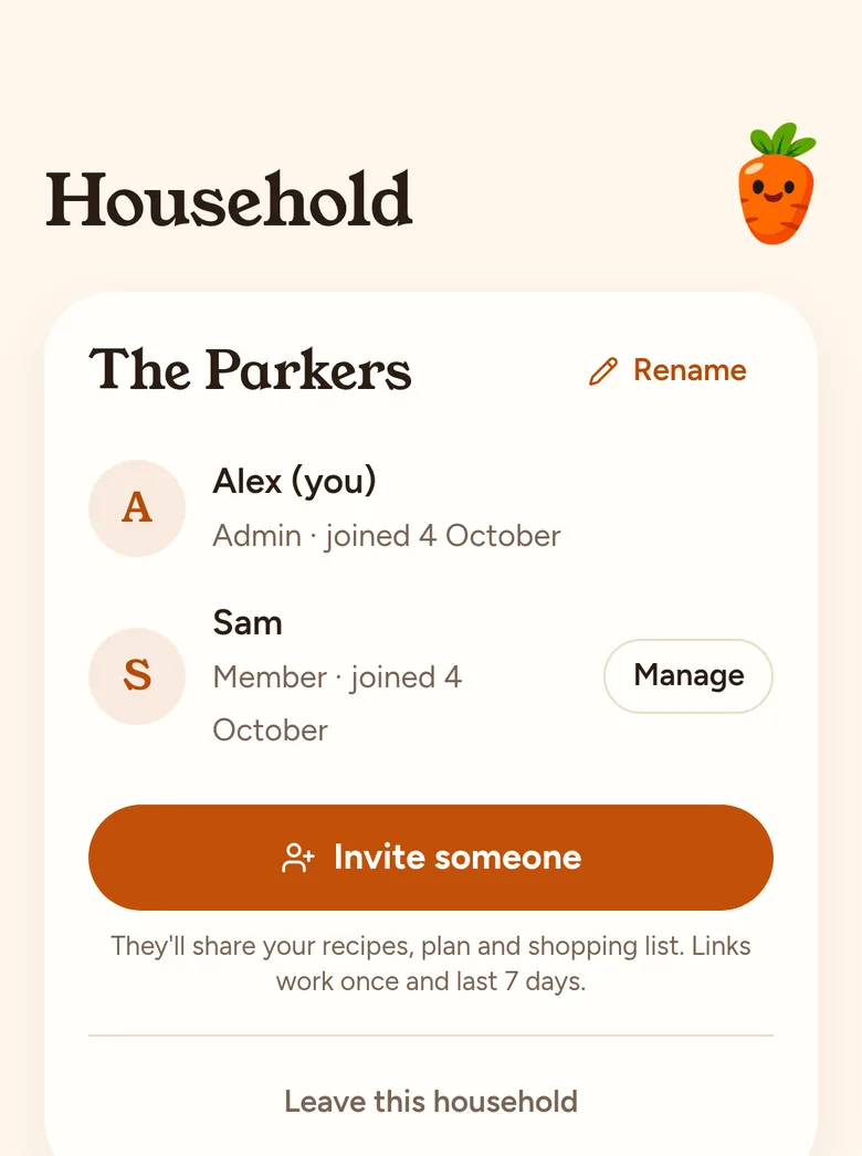 The household page: The Parkers, with Alex and Sam, and an Invite someone button.
