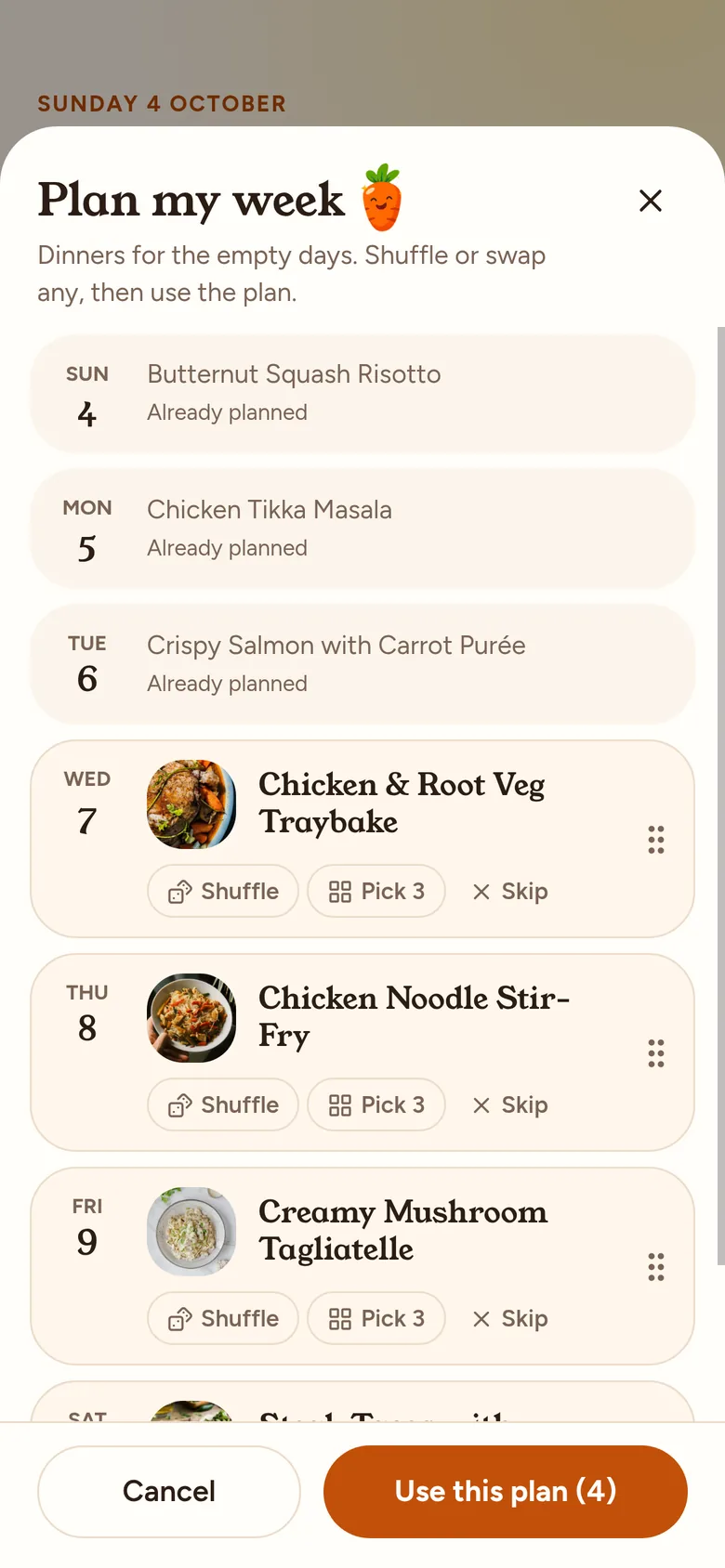 Plan my week on a phone: three nights already planned and four dinners suggested, each with Shuffle, Pick 3 and Skip.