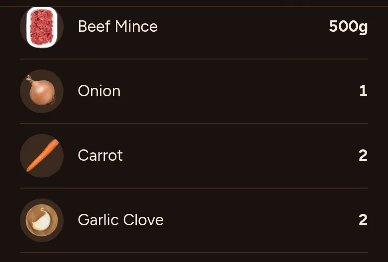 A recipe’s ingredients in Monch: beef mince 500g, one onion, two carrots, two garlic cloves, chopped tomatoes 400g, each with a picture.
