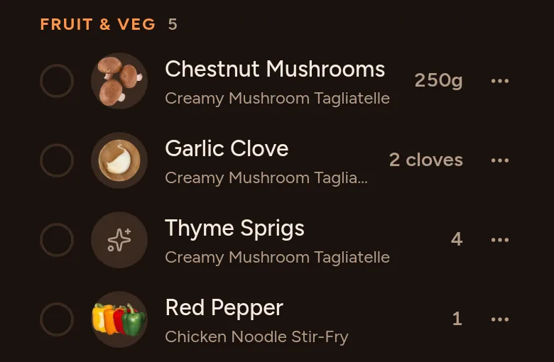 The shopping list in Monch under Fruit & veg: chestnut mushrooms, garlic, thyme and a red pepper, each with the dinner it’s for.