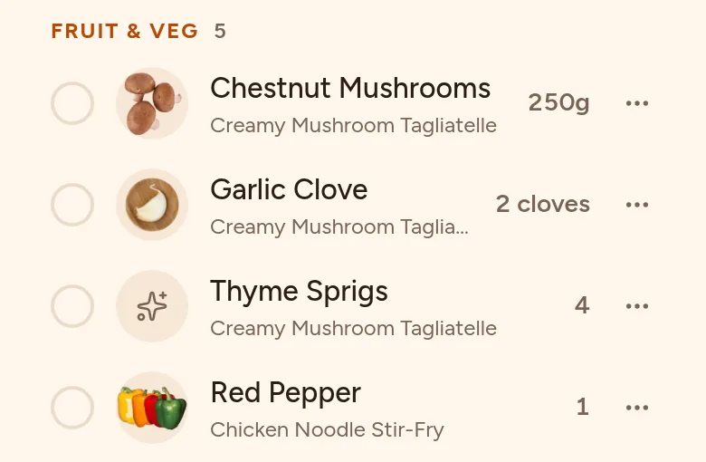 The shopping list in Monch under Fruit & veg: chestnut mushrooms, garlic, thyme and a red pepper, each with the dinner it’s for.