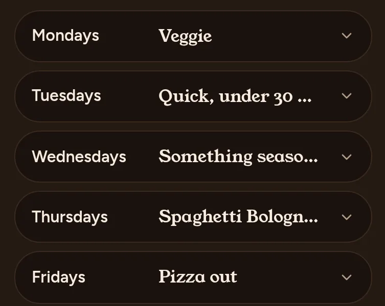 Your usual week in Monch: Mondays Veggie, Tuesdays Quick under 30 minutes, Wednesdays Something seasonal, Thursdays Spaghetti Bolognese, Fridays Pizza out.